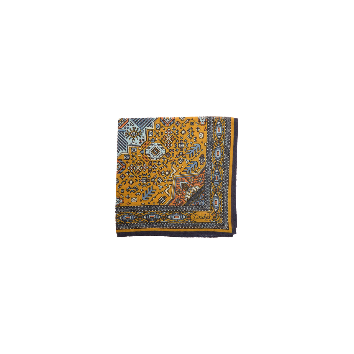 Drake's Kelim Pocket Square in Mustard & Navy