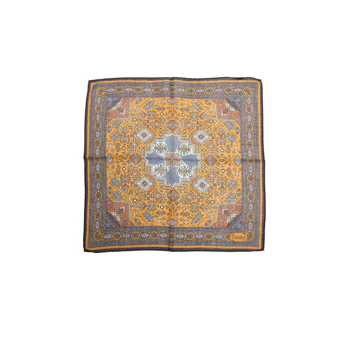 Drake's Kelim Pocket Square in Mustard & Navy