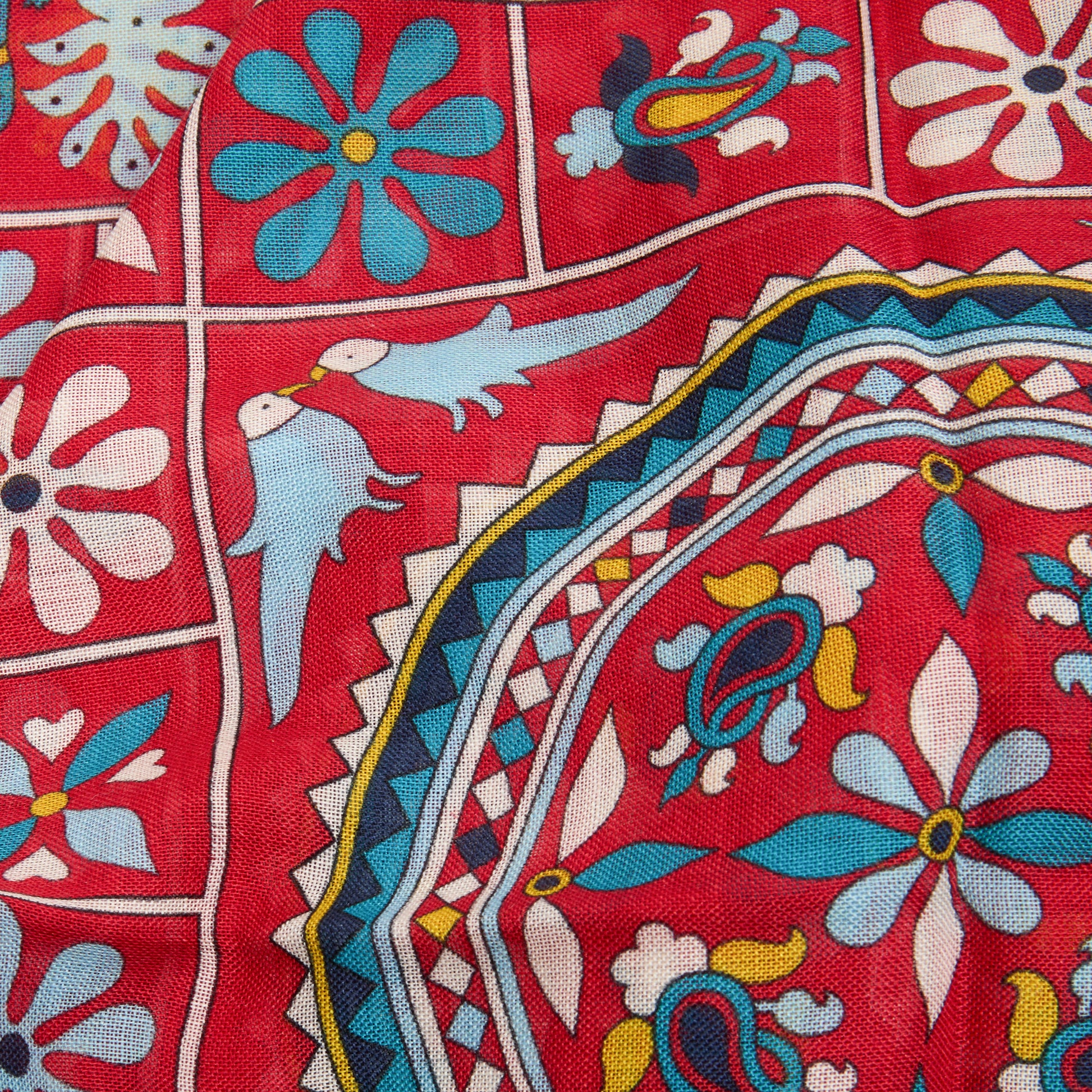 Drake's Elephants and Flowers Print Scarf in Red