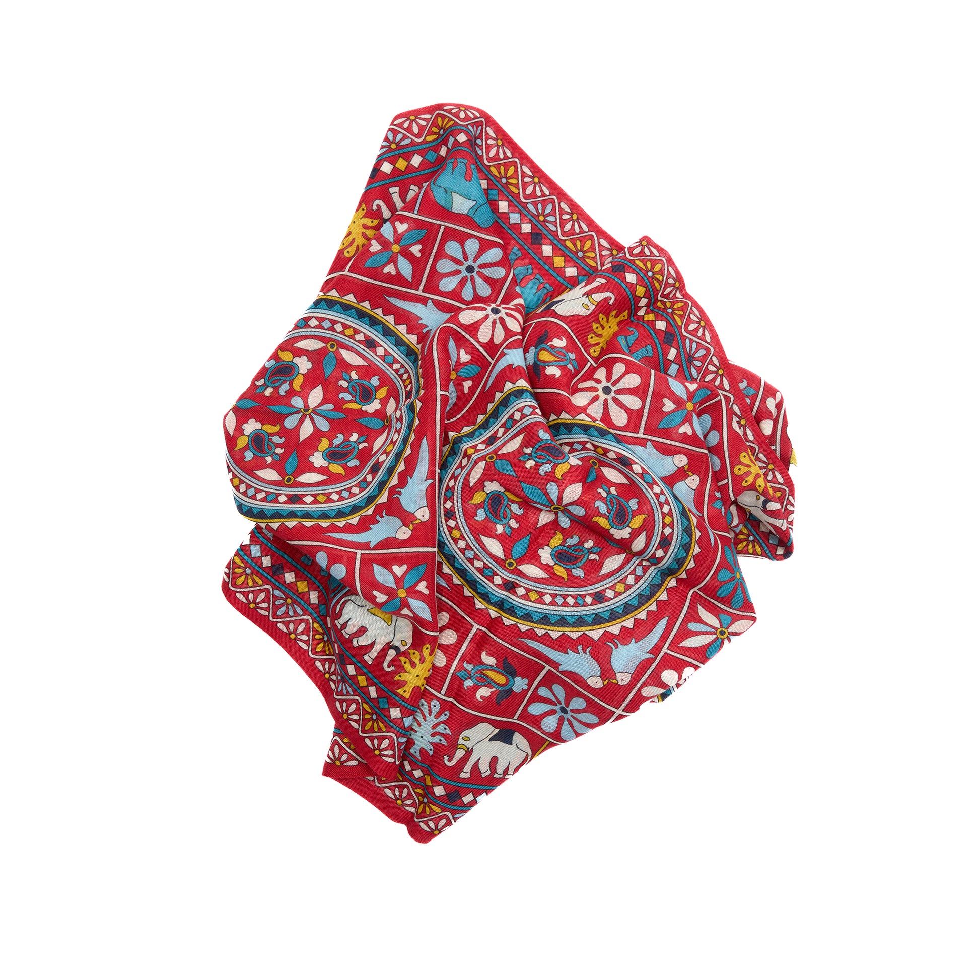 Drake's Elephants and Flowers Print Scarf in Red