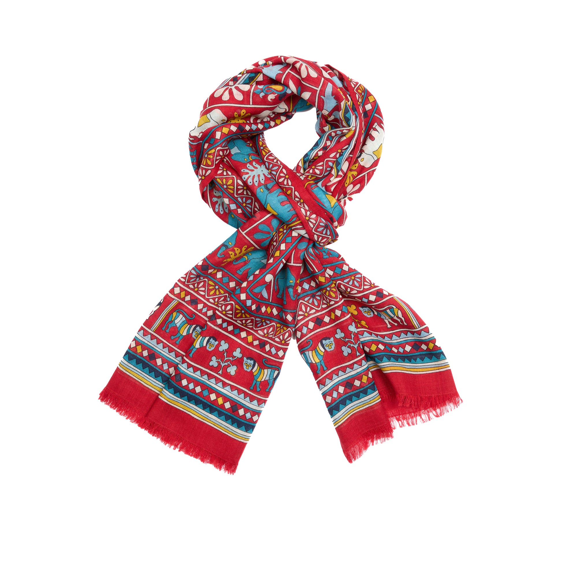 Drake's Elephants and Flowers Print Scarf in Red