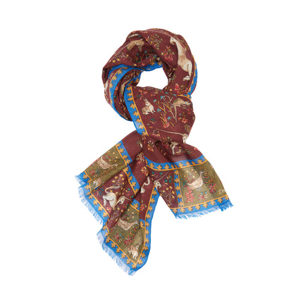 Drake's Unicorn Print Wool-Silk Scarf in Burgundy