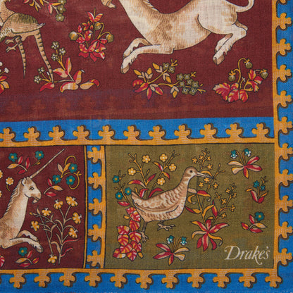 Drake's Unicorn Print Wool-Silk Scarf in Burgundy