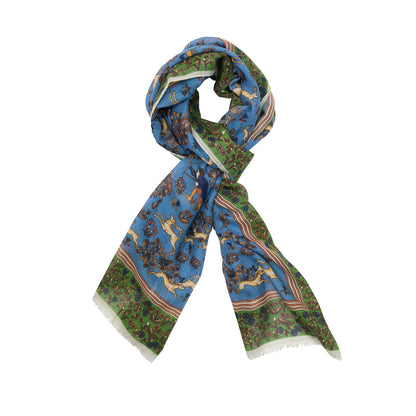 Drake's Archival Animals Wool/Silk Scarf in Blue & Olive