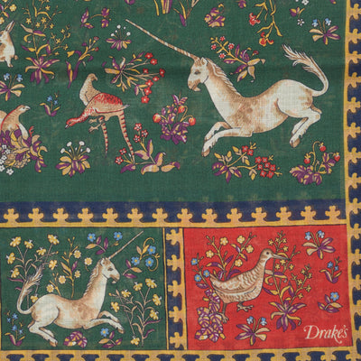 Drake's Green Unicorn Print Wool-Silk Scarf