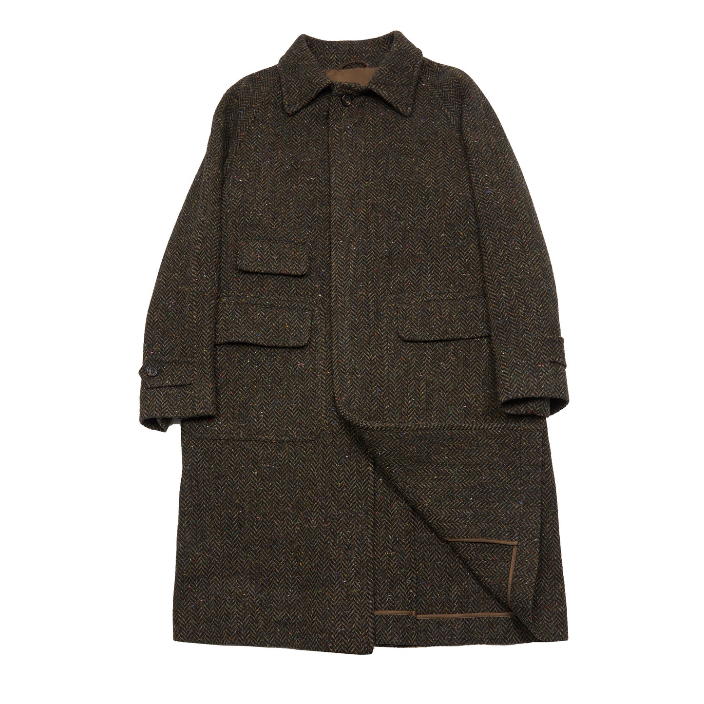 Drake's Wool Herringbone Raglan Overcoat in Brown