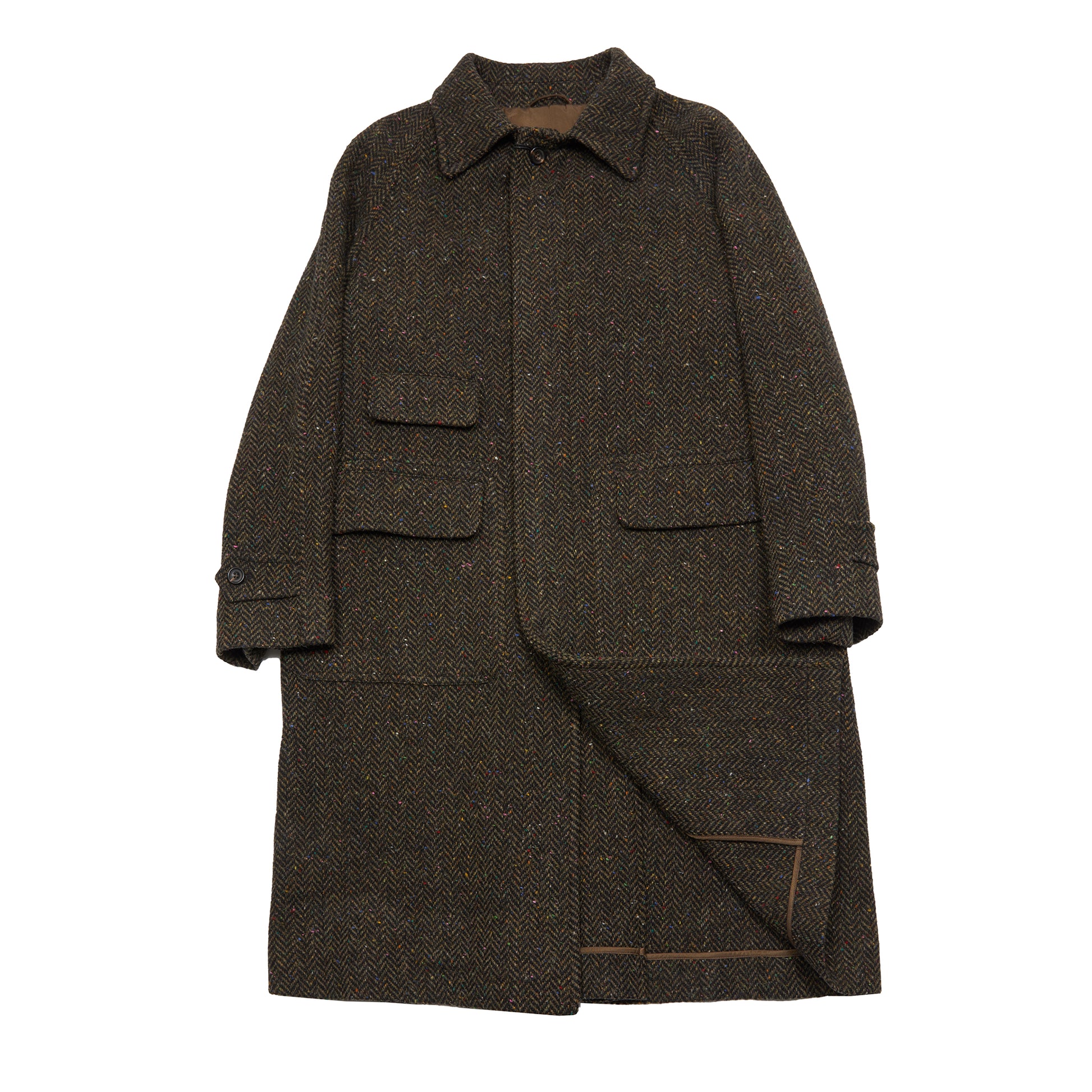Drake's Wool Herringbone Raglan Overcoat in Brown
