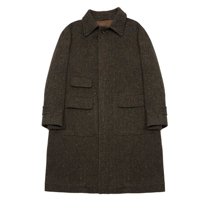 Drake's Wool Herringbone Raglan Overcoat in Brown
