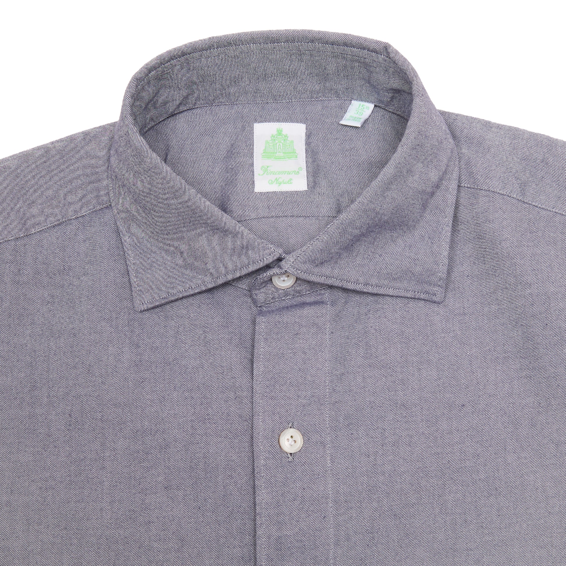 Finamore Tokyo Luigi Cotton Shirt in Indigo. A midweight flannel shirt in a blue-grey cotton. Spread collar.