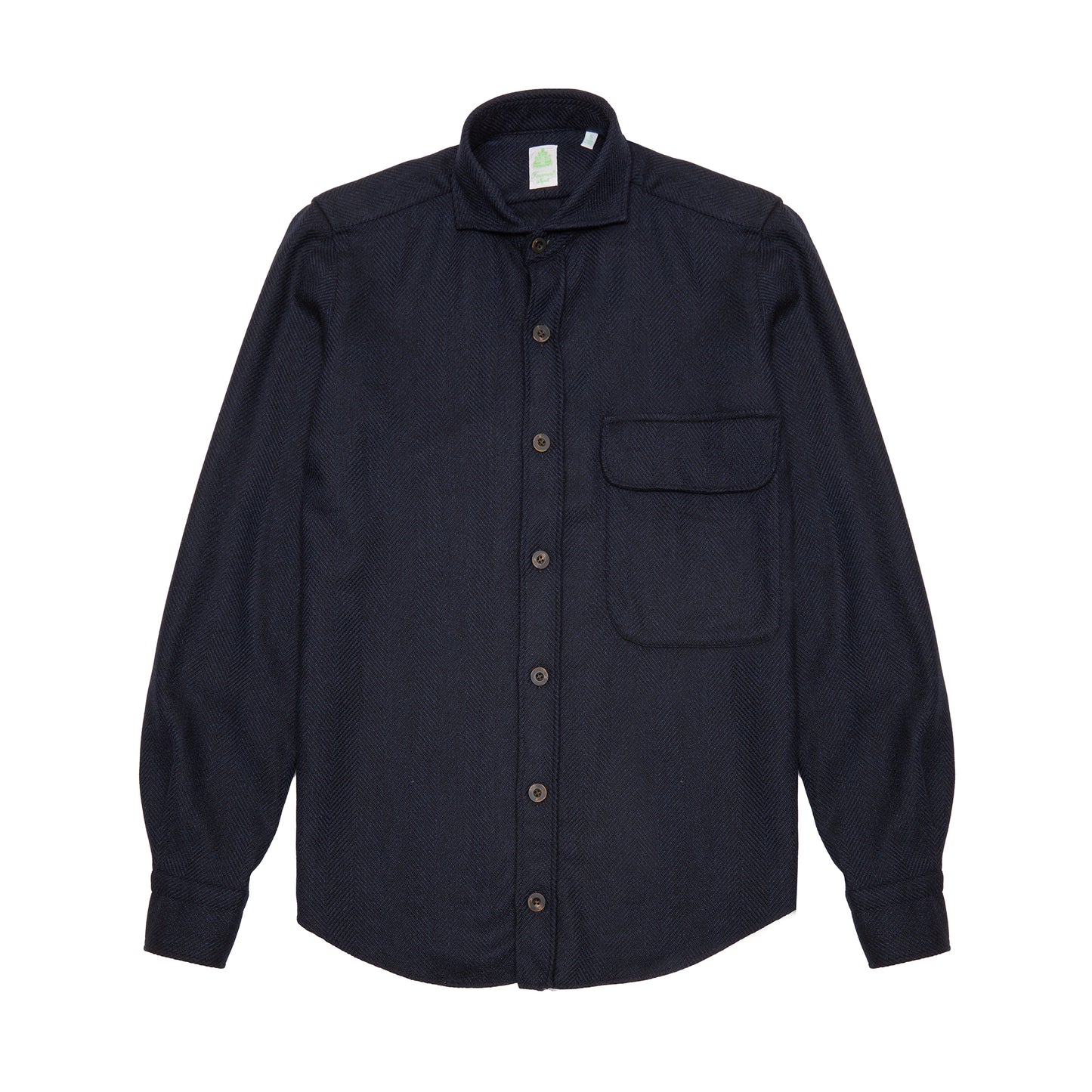 Finamore Dust Achille Wool-Cashmere Shirt in Midnight Blue. A soft wool-cashmere overshirt with a large flap pocket on the chest.