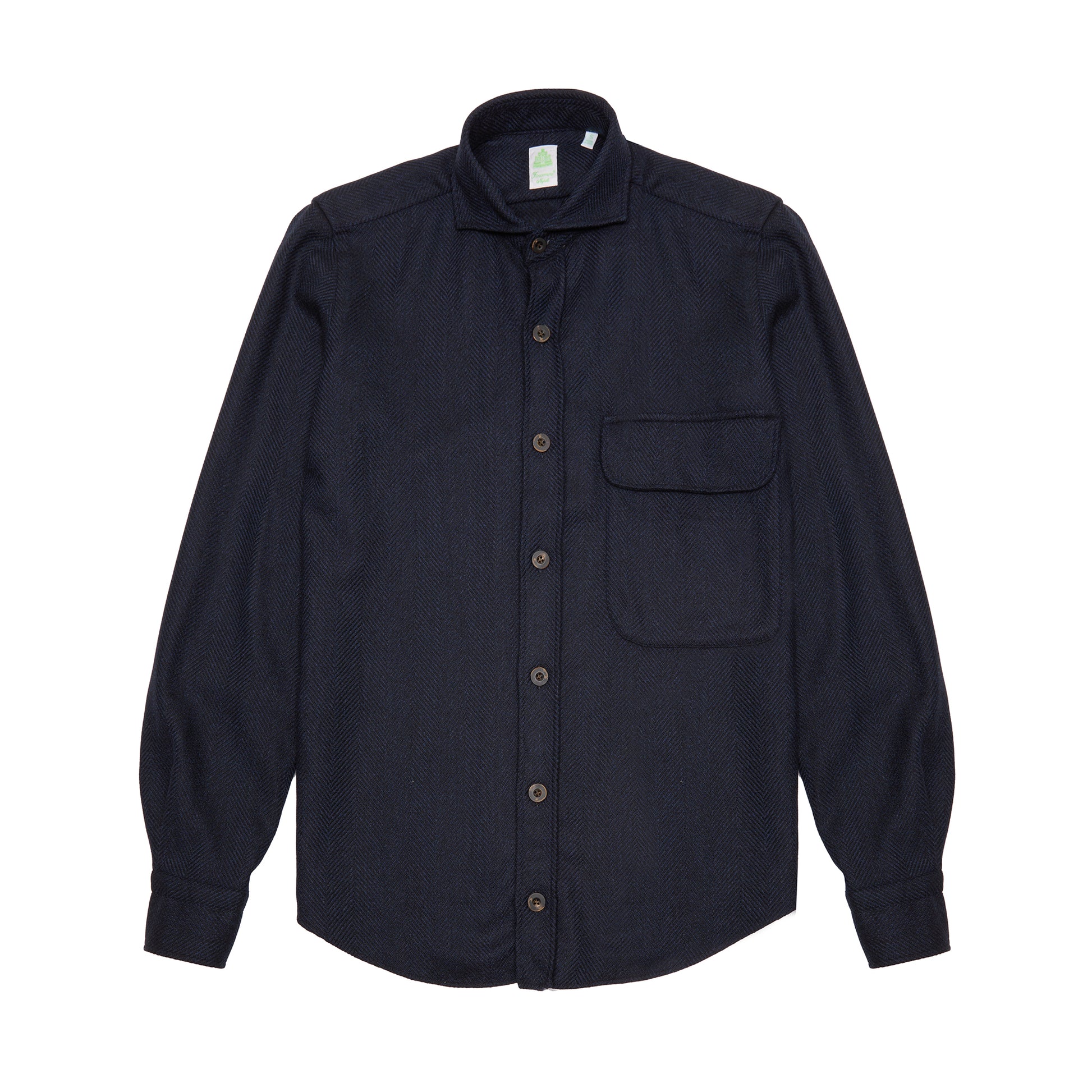 Finamore Dust Achille Wool-Cashmere Shirt in Midnight Blue. A soft wool-cashmere overshirt with a large flap pocket on the chest.