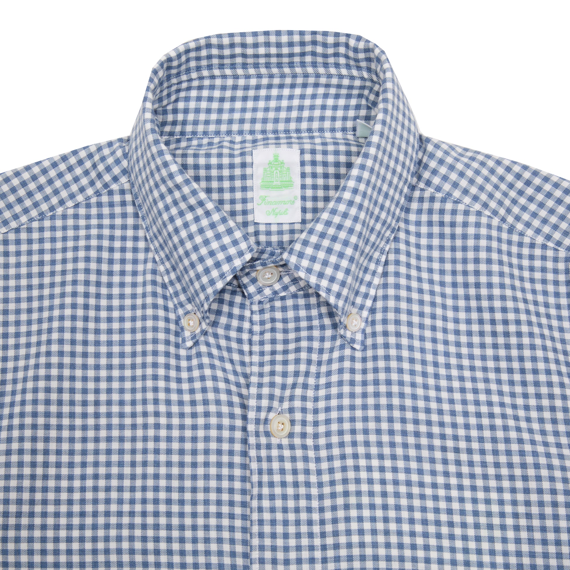 Finamore Tokyo Leonardo Gingham Button-Down Shirt in Blue. A flannel button down in a small blue and white gingham check.
