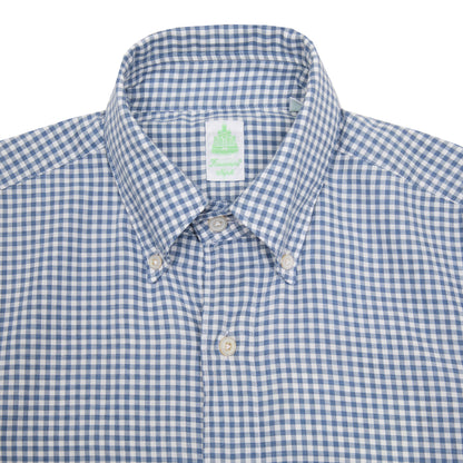 Finamore Tokyo Leonardo Gingham Button-Down Shirt in Blue. A flannel button down in a small blue and white gingham check.