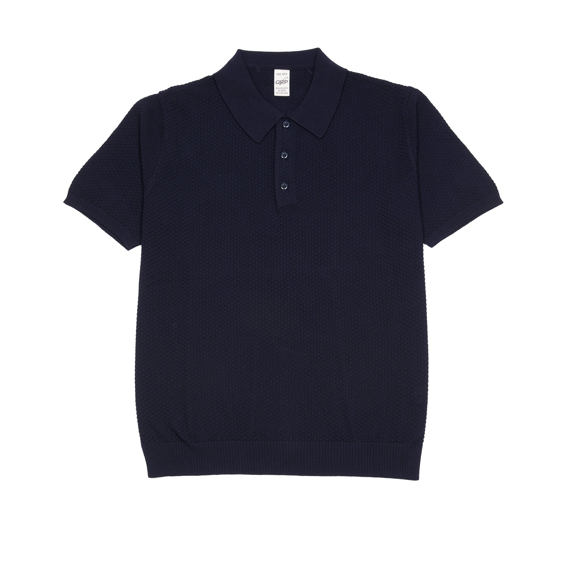 <p>Short sleeve Polo Shirt in light crisp cotton with a textured pattern and contrasting ribbed hems and collar.</p> <p>Made in Italy.</p>
