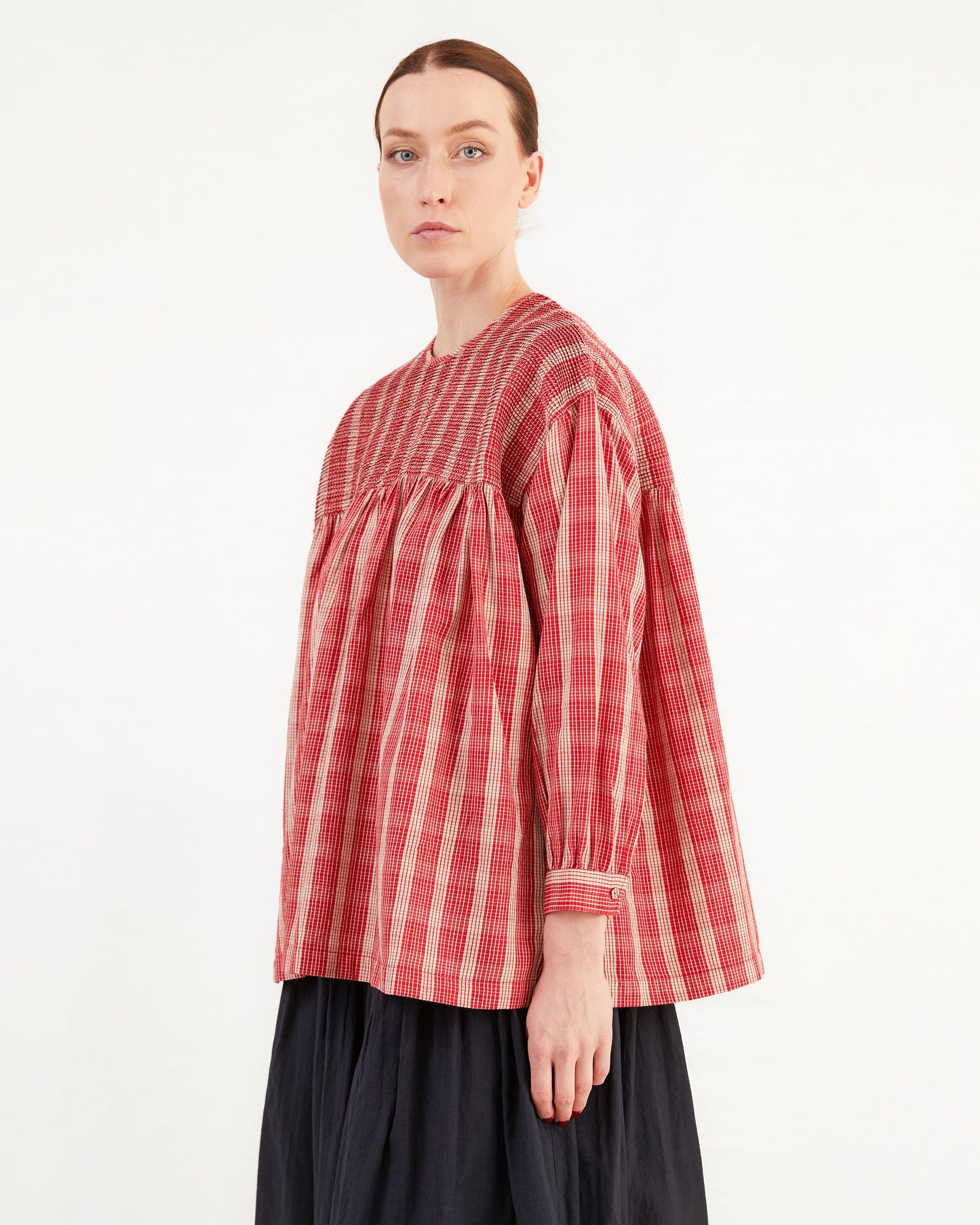 Maison De Soil Pullover Cotton/Wool Shirt in Red/Beige Check