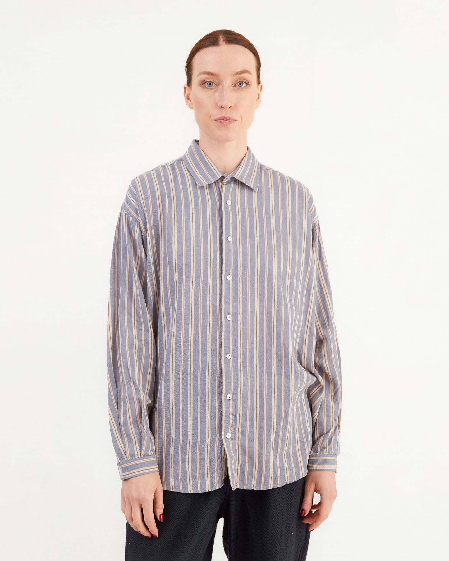 Guptiha Women's Cotton Shirt in Grey/Blue Stripe