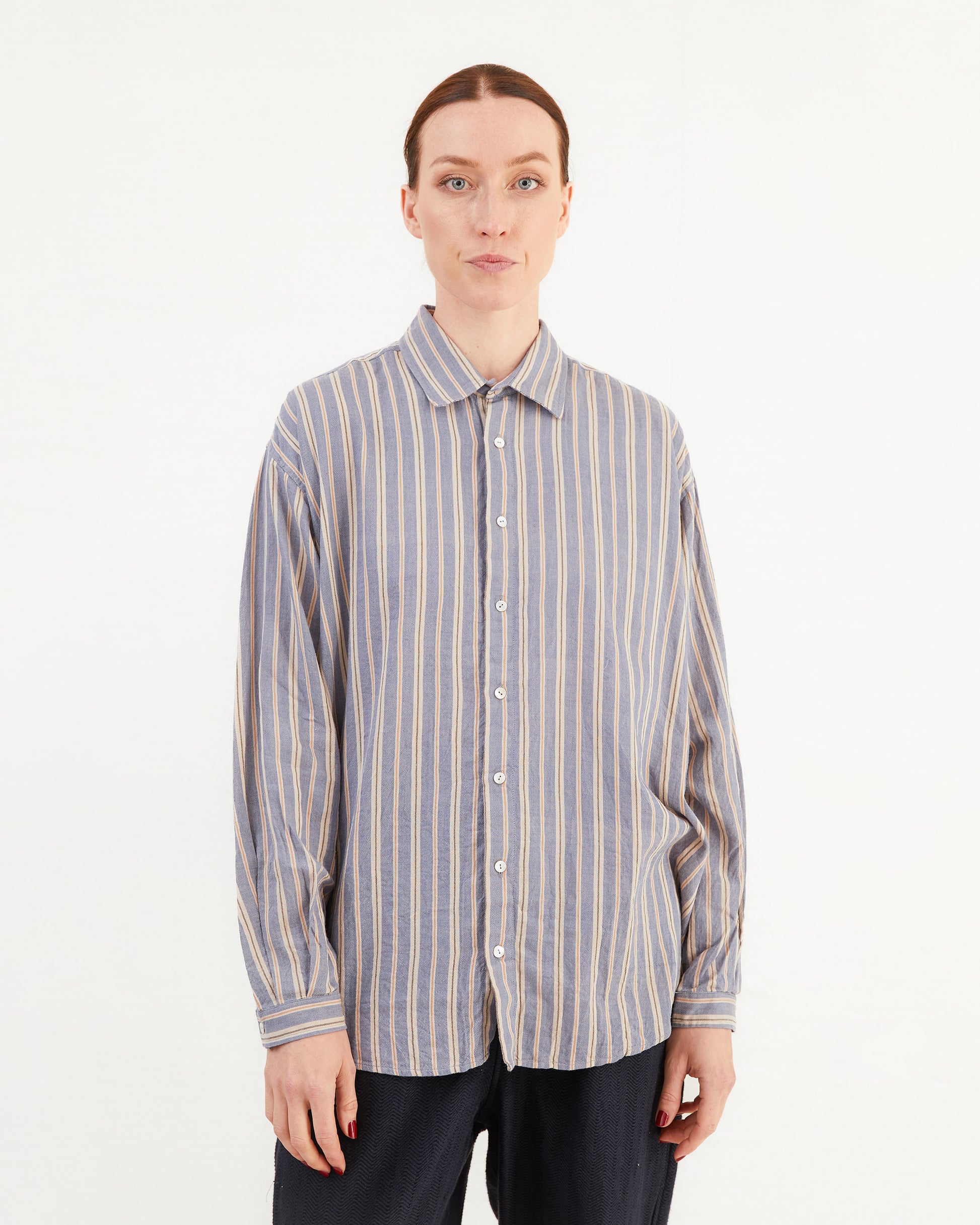 Guptiha Women's Cotton Shirt in Grey/Blue Stripe