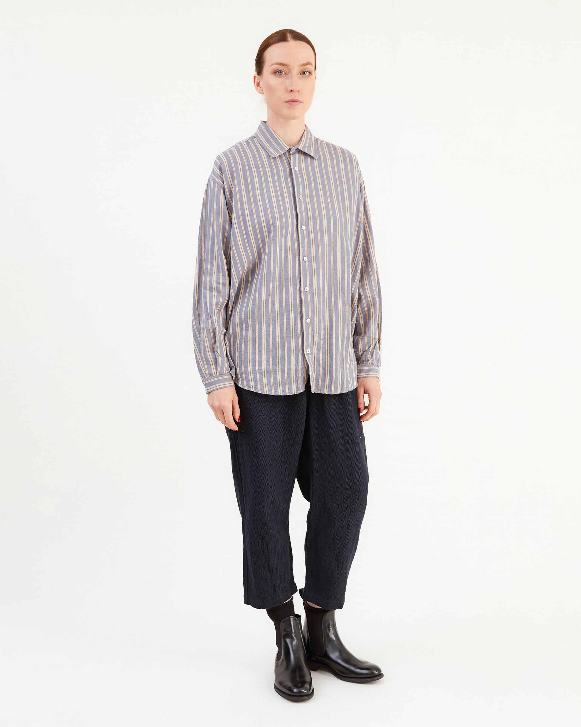 Guptiha Women's Cotton Shirt in Grey/Blue Stripe