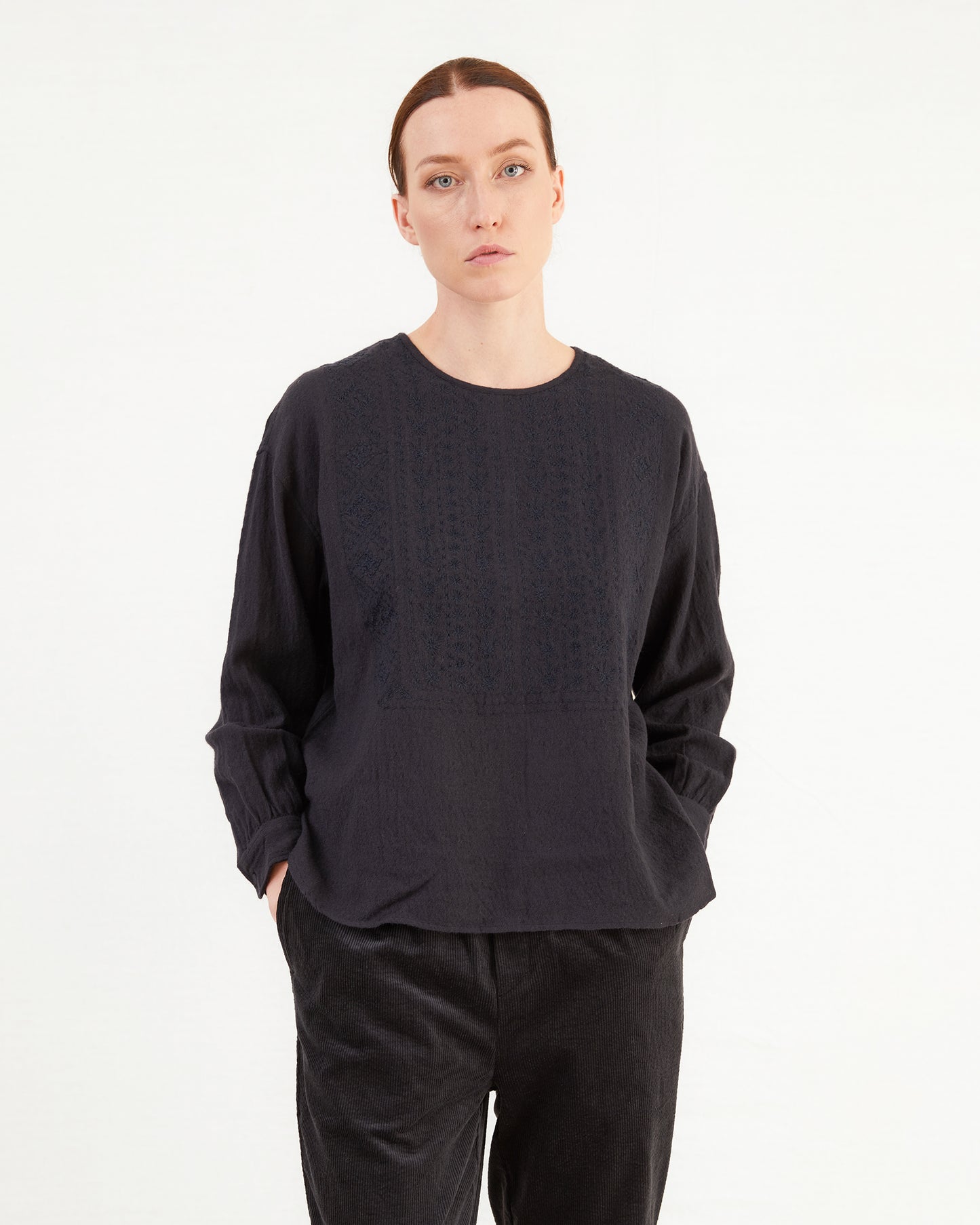 Maison De Soil Embroidered Wool Shirt in Navy
