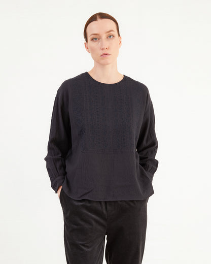 Maison De Soil Embroidered Wool Shirt in Navy