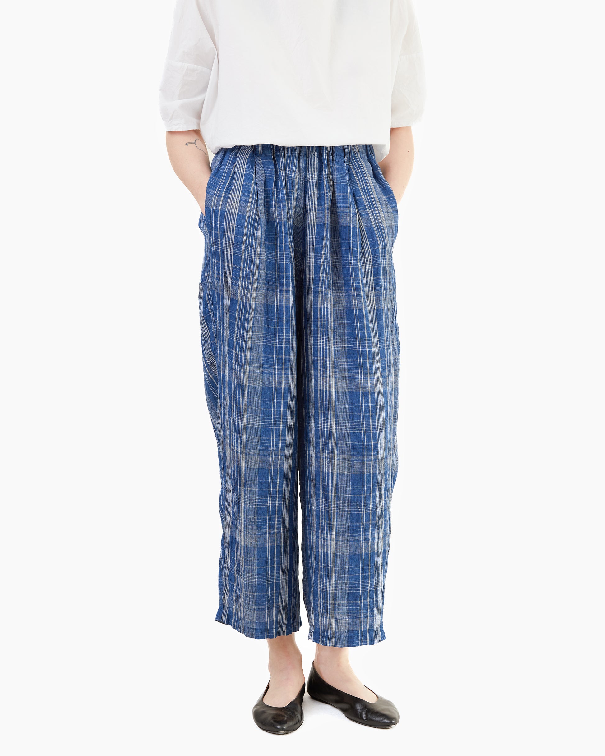 Antiquités Check Linen Pants in Indigo