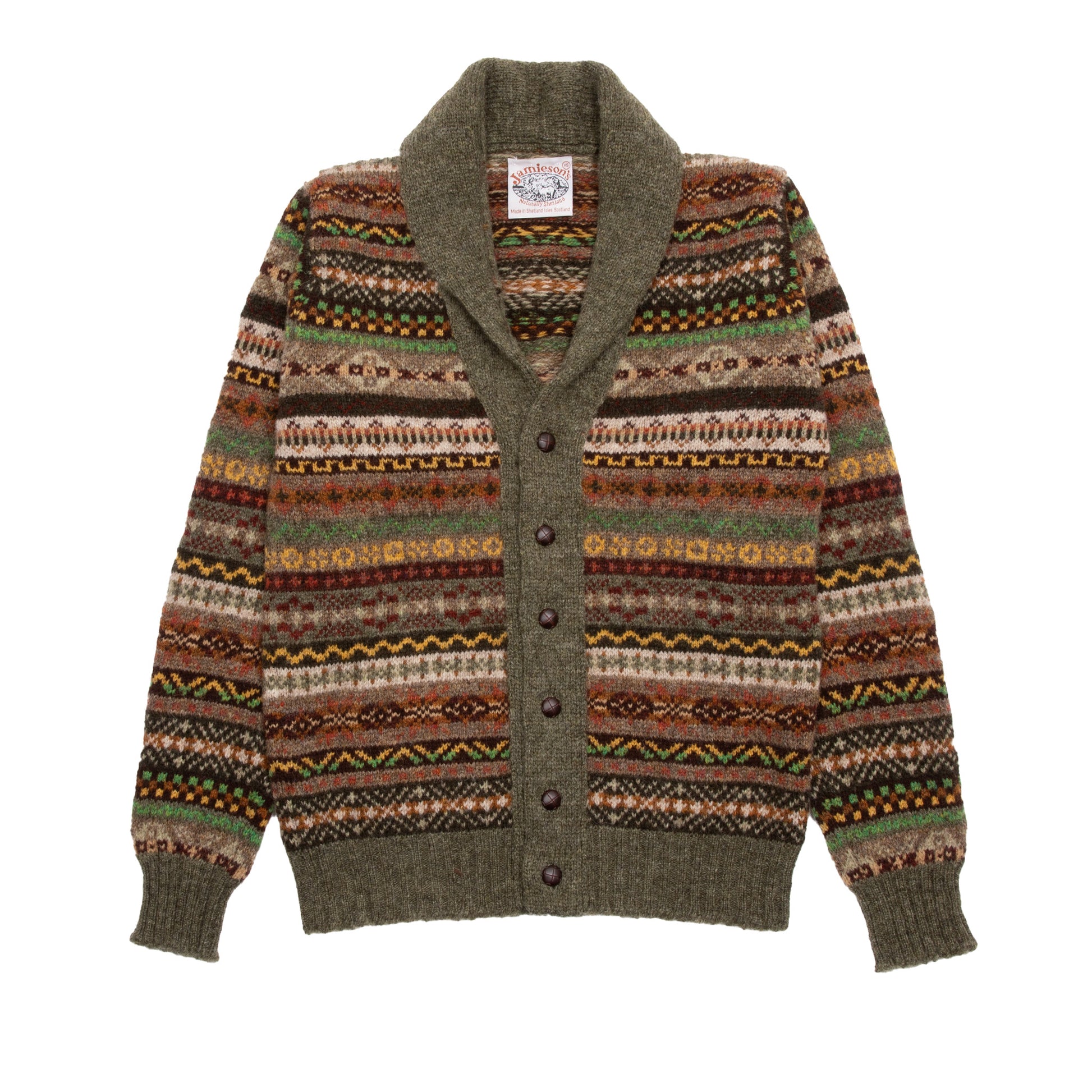 Jamieson's Fair Isle Double Shawl Cardigan in Moss Green 1
