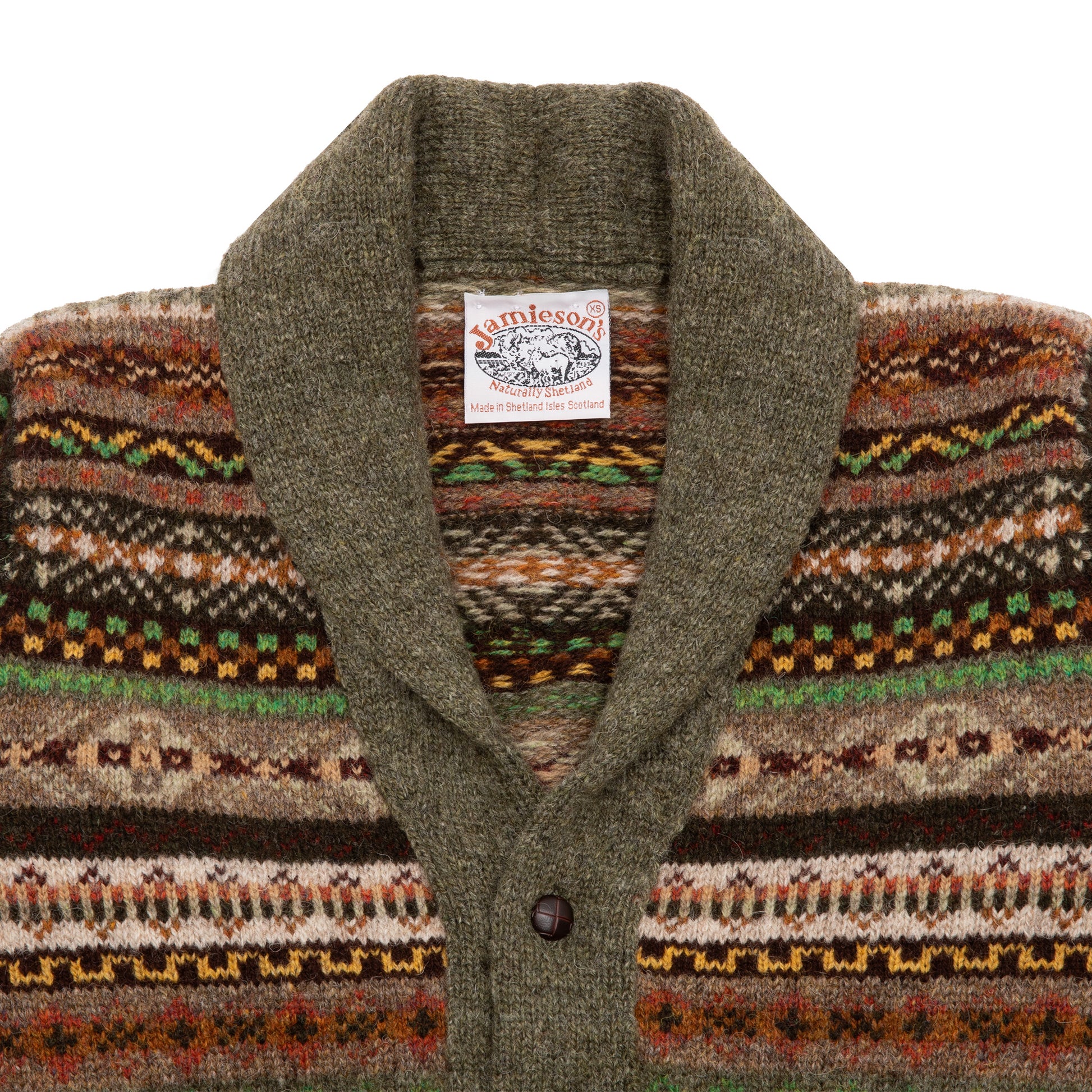 Jamieson's Fair Isle Double Shawl Cardigan in Moss Green 2
