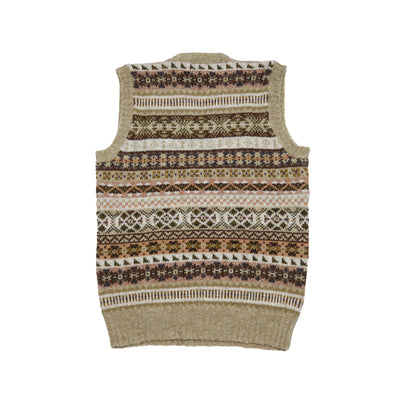Fair Isle V-neck sleeveless pullover knitted from 100% Shetland wool. Knitted in Shetland.