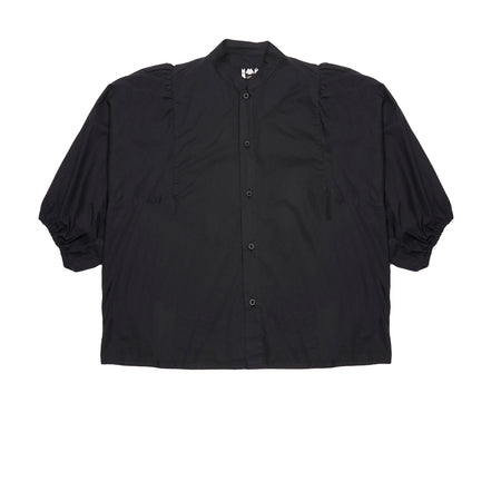 Mela Shirt is a collarless style with a full button closure, and 3/4 length sleeves with gathering around shoulders and cuffs for volume. Crafted from soft, lightweight cotton with an oversized cut. Woven in 100% cotton. Made in Italy.