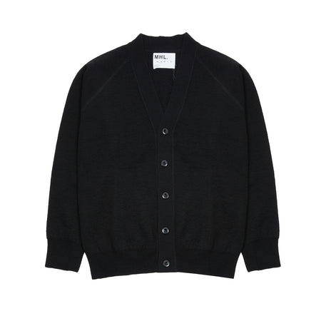 Raglan Cardigan in Black is a mid-weight knit in an oversized fit. Featuring contrast rib on cuff and hem, flatlock stitch detailing on seams, and finished with corozo buttons.  100% Wool.  Made in U.K.