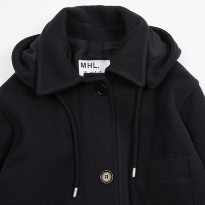 Margaret Howell MHL Melton Wool Hooded Coat in Black