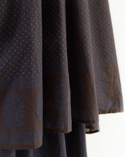 Maison De Soil Crew Neck Dress With Random Pleats in Off Black/ Bright Navy Print