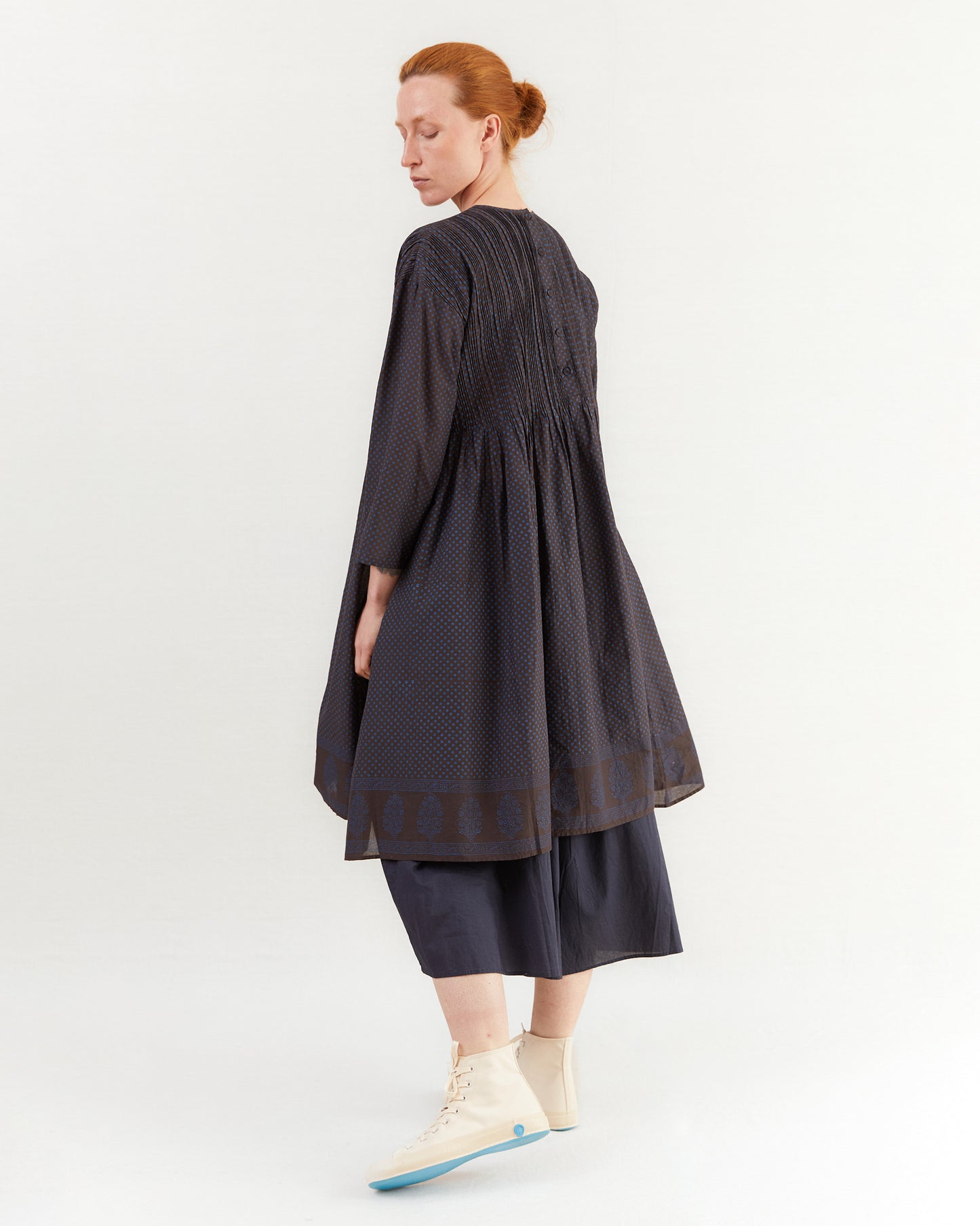 Maison De Soil Crew Neck Dress With Random Pleats in Off Black/ Bright Navy Print