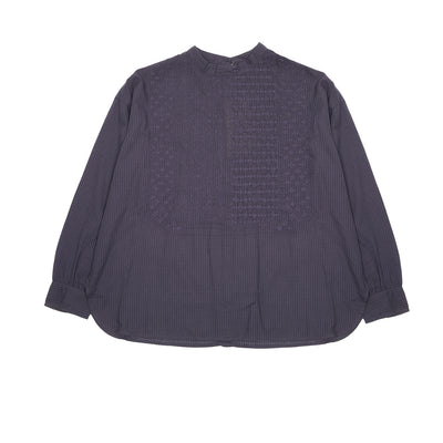 Maison De Soil Cotton Back Opening Stand Collar Embroidered Shirt in Navy