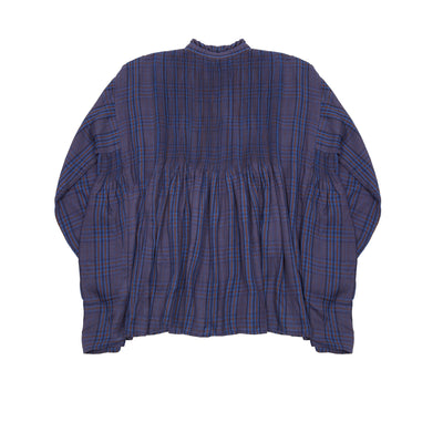 Maison De Soil Wool/Cotton Frill Collar Pintuck Shirt in Bright Navy and Brown Check