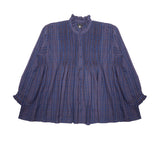 Maison De Soil Wool/Cotton Frill Collar Pintuck Shirt in Bright Navy and Brown Check