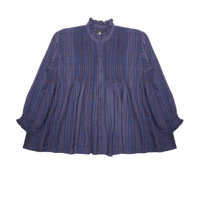 Maison De Soil Wool/Cotton Frill Collar Pintuck Shirt in Bright Navy and Brown Check