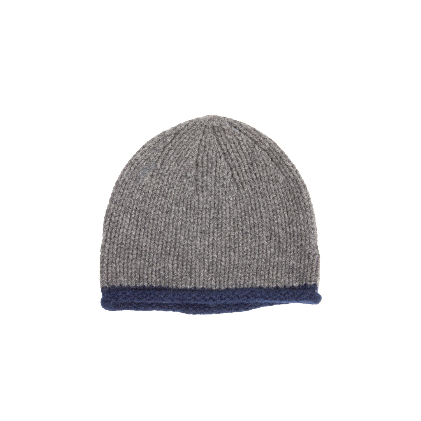 Oats & Rice Cashmere Hand-Knitted Rolled Edge Beanie in Grey/ Navy