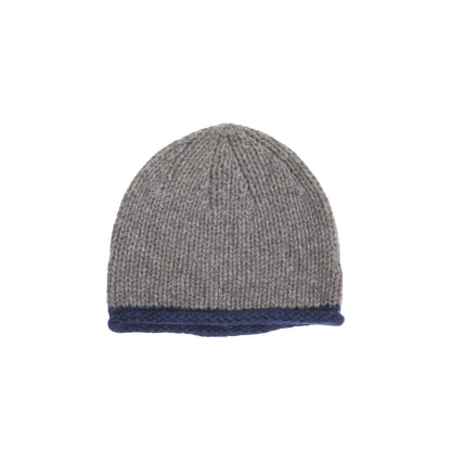 Oats & Rice Cashmere Hand-Knitted Rolled Edge Beanie in Grey/ Navy