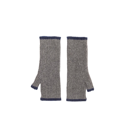 Oats & Rice Cashmere Ribbed Fingerless Gloves in Grey/ Navy
