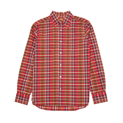 Original Madras Straight Collar Long Sleeve Shirt in Red Plaid