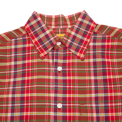 Original Madras Straight Collar Long Sleeve Shirt in Red Plaid