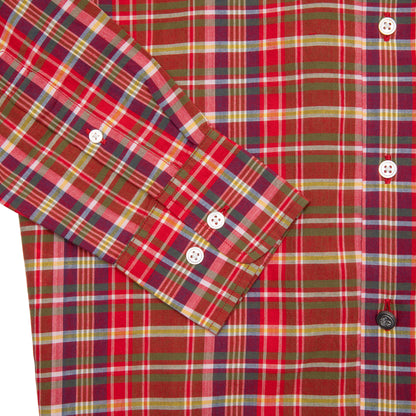 Original Madras Straight Collar Long Sleeve Shirt in Red Plaid