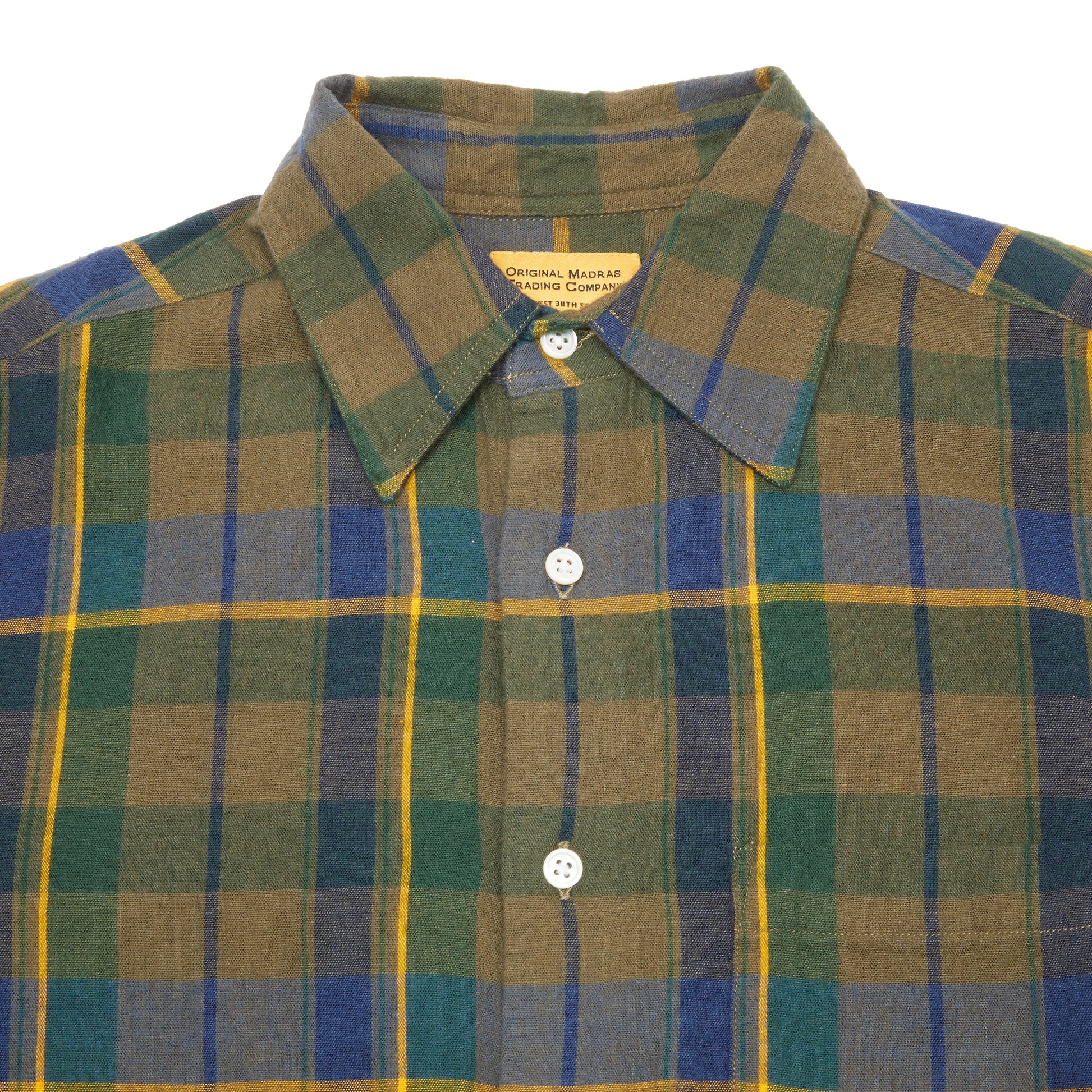 Original Madras Straight Collar Long Sleeve Shirt in Green/Blue/Yellow