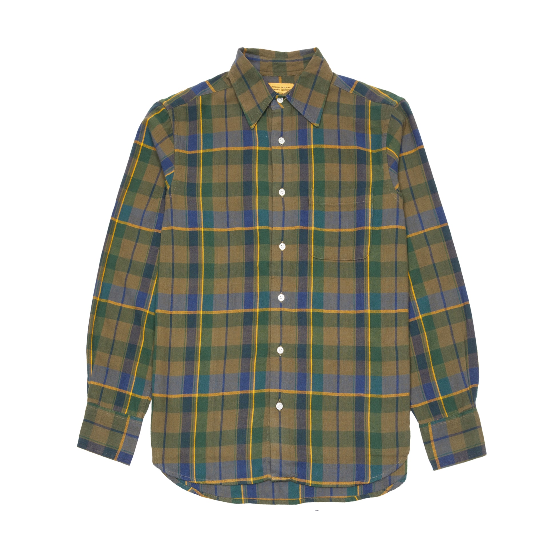 Original Madras Straight Collar Long Sleeve Shirt in Green/Blue/Yellow