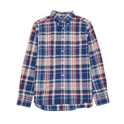 <p>Madras Classic Button Down long sleeved shirt in Blue / Sand summer-weight plaid. Single chest pocket, curved hem and yellow selvedge detail at the gusset.<br></p> <p>100% Cotton.</p> <p>Made in Madras.</p> <p>Sizing: On the fitted side.&nbsp;Size up if you prefer a more generous fit.</p>