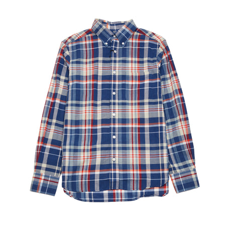 <p>Madras Classic Button Down long sleeved shirt in Blue / Sand summer-weight plaid. Single chest pocket, curved hem and yellow selvedge detail at the gusset.<br></p> <p>100% Cotton.</p> <p>Made in Madras.</p> <p>Sizing: On the fitted side. Size up if you prefer a more generous fit.</p>