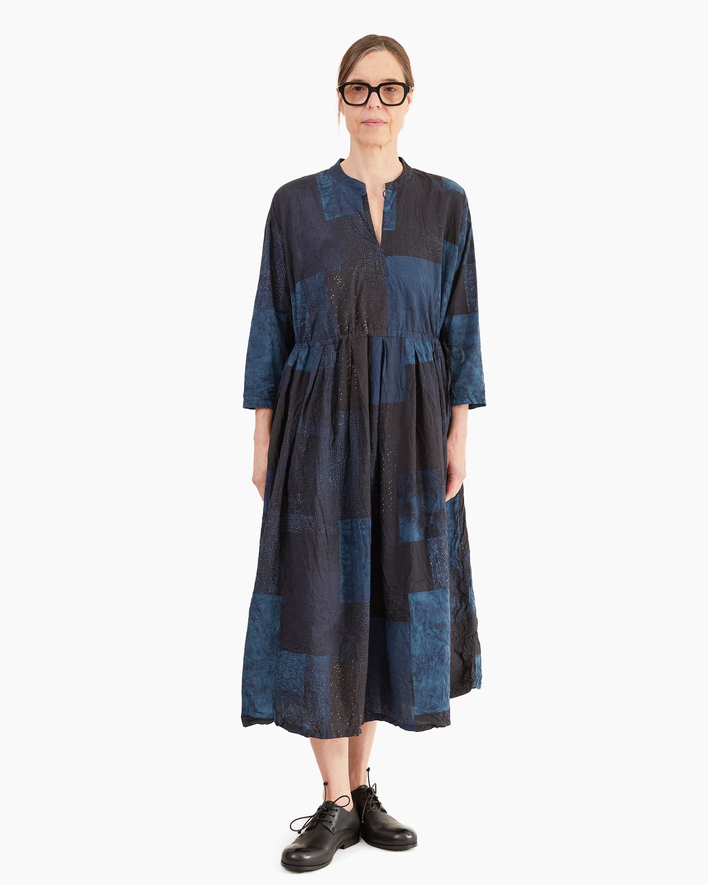 Pas de Calais Cotton Tsugihagi Print Dress in Navy