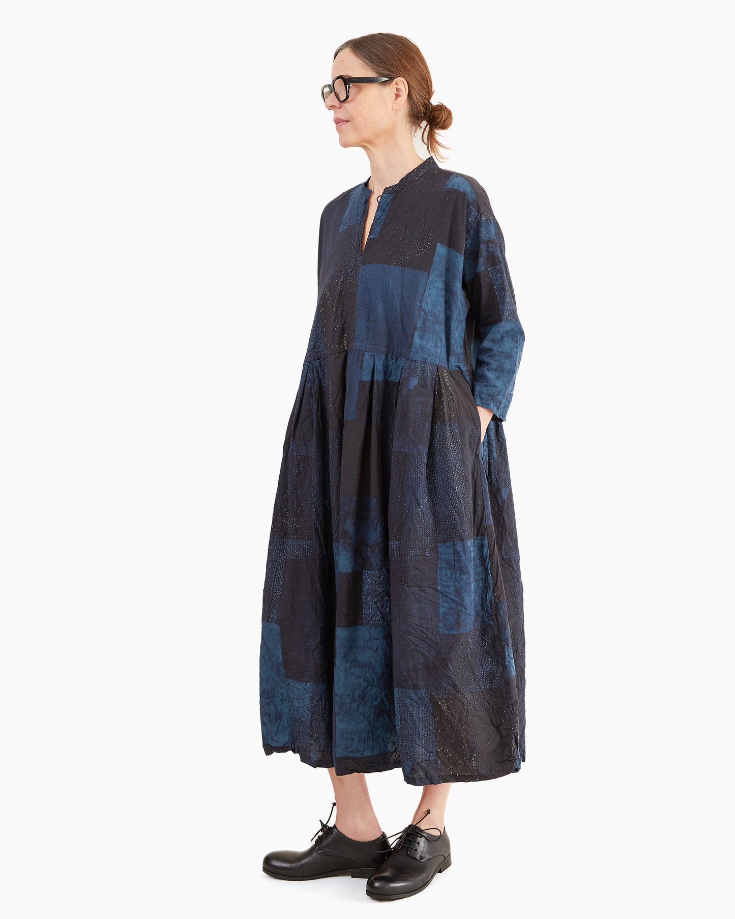 Pas de Calais Cotton Tsugihagi Print Dress in Navy