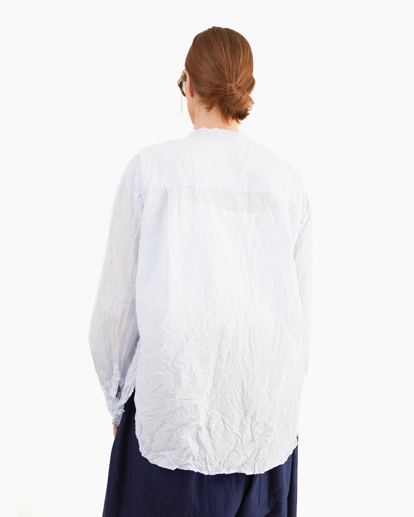 Pas de Calais Washed Cotton Crinkle Stand Collar Shirt in Saxe Blue